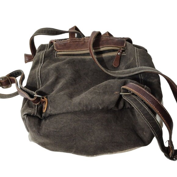 Myra Bag Brown Canvas Flap Messenger Backpack Cow Print Western Woven - Picture 6 of 16